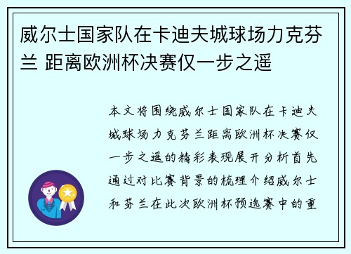 威尔士国家队在卡迪夫城球场力克芬兰 距离欧洲杯决赛仅一步之遥